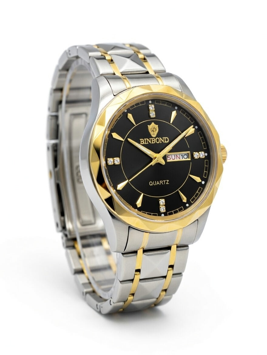 Two-tone silver and gold watch with black dial on a white background