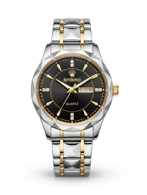 Binbond luxury two tone wristwatch with silver and gold metal band, elegant black dial, diamond indices, day-date window, stainless steel quartz watch for men