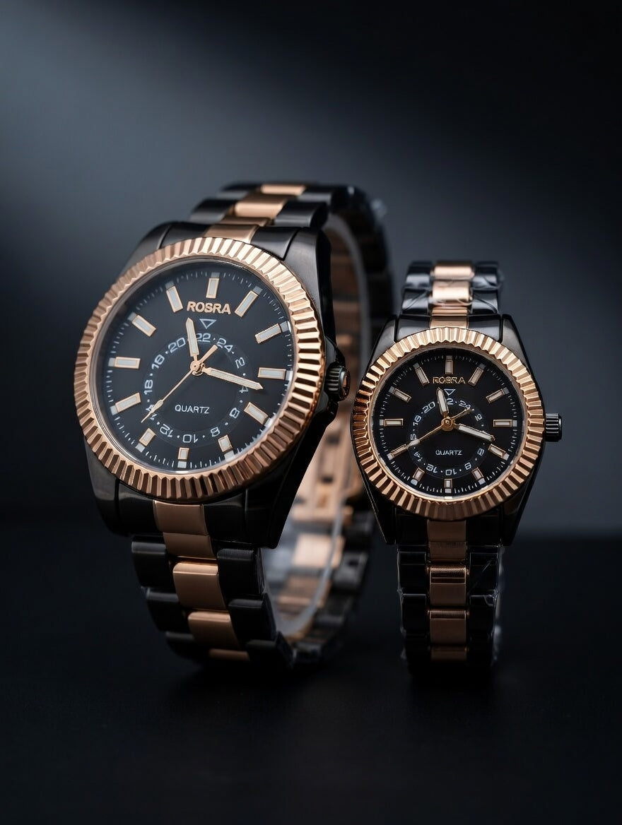 Luxury Couple Watches Set – Black & Rose Gold Stainless Steel | Elegant His & Hers Quartz Watches