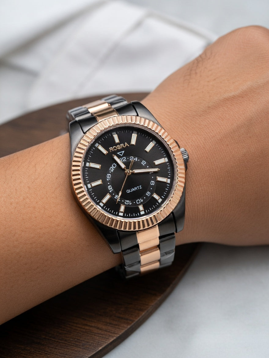 Luxury Couple Watches Set – Black & Rose Gold Stainless Steel | Elegant His & Hers Quartz Watches