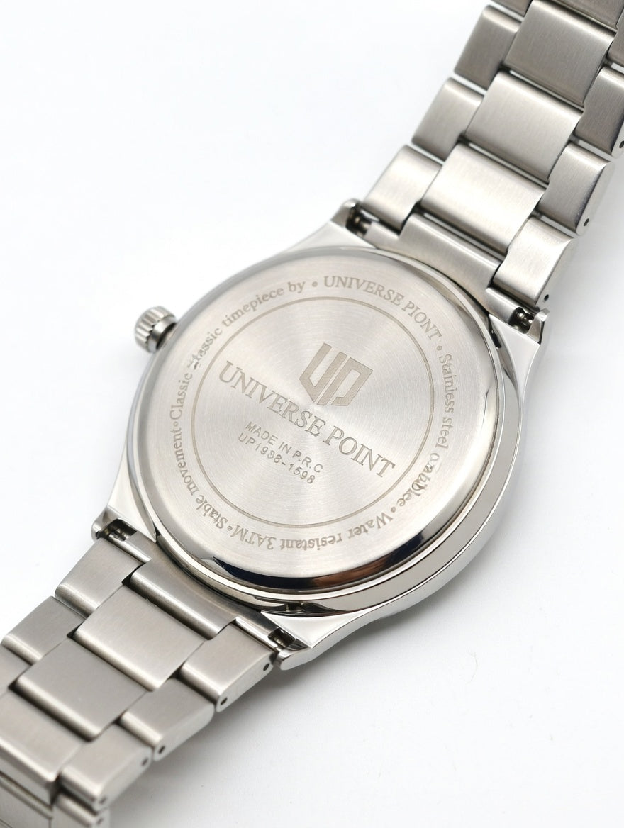 Silver watch with 'Universe Point' branding on a white background