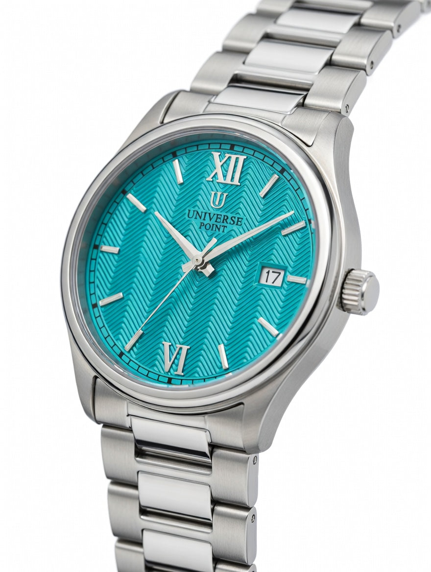 Silver watch with a turquoise dial on a white background