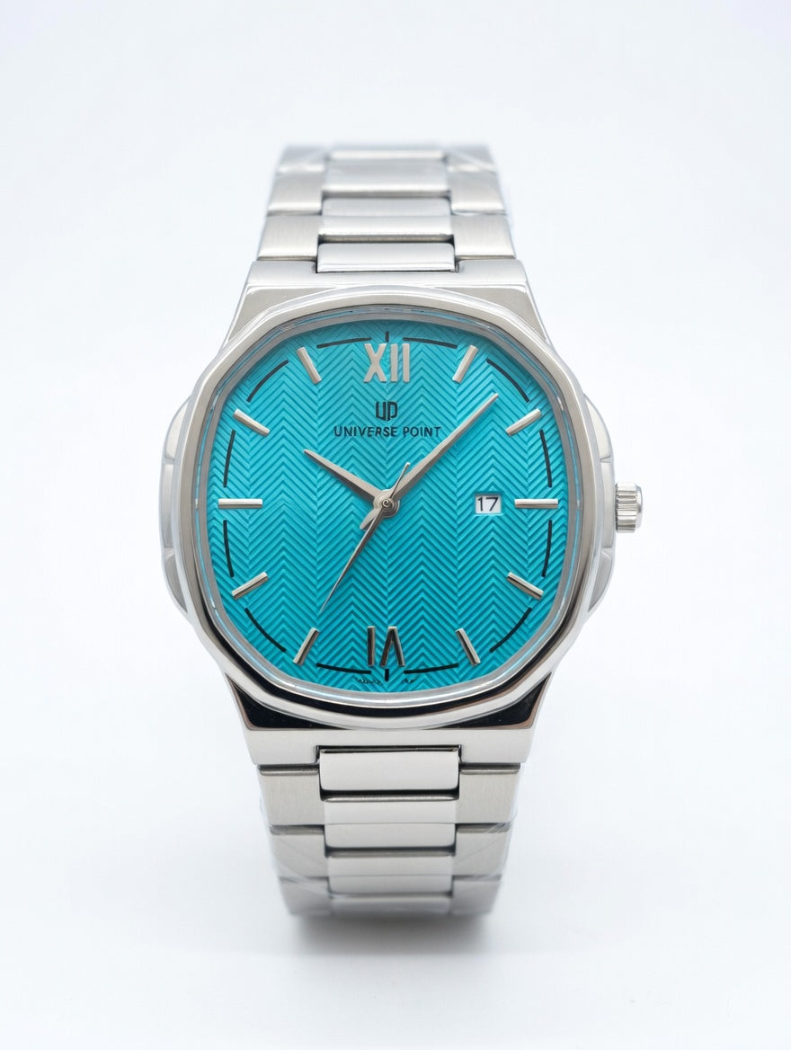 Silver watch with a turquoise face on a white background