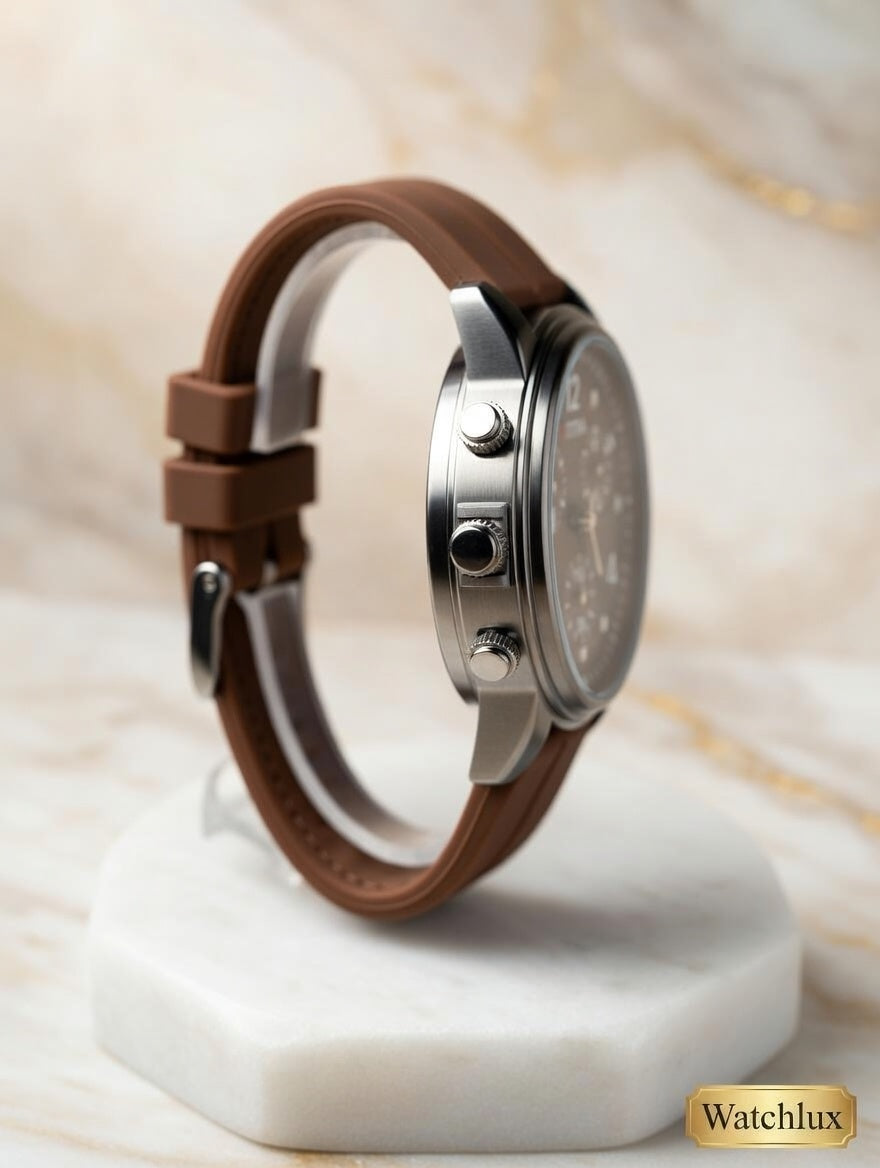 Mens luxury brown dial watch with genuine leather strap - side angle showing case, crown and buttons, Watchlux brand on marble background