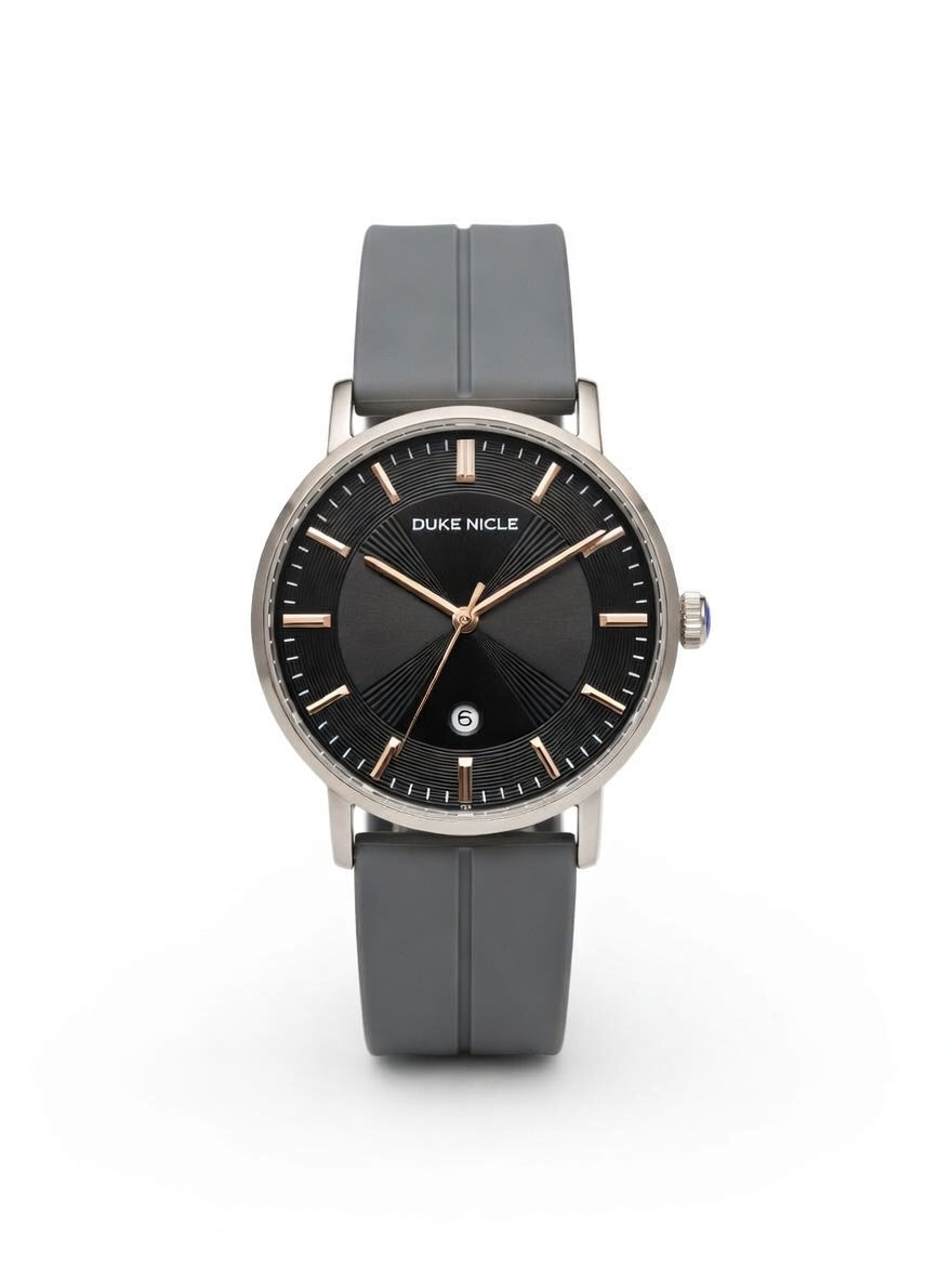 Duke Nicle men's wristwatch with black dial, Silver accents, and gray silicone strap on a clean white background