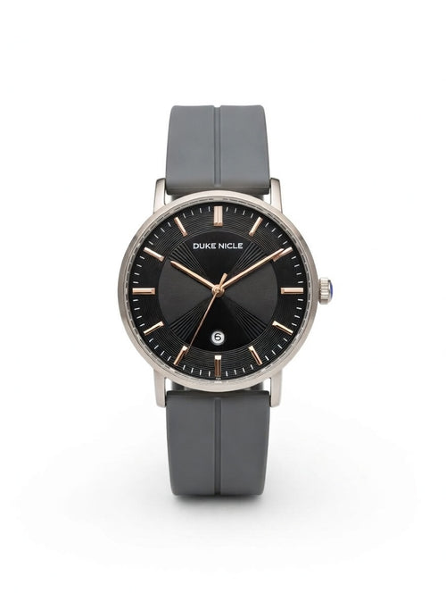 Duke Nicle men's wristwatch with black dial, Silver accents, and gray silicone strap on a clean white background