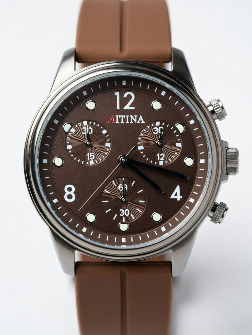 Elegant men's watch featuring brown dial and matching brown leather strap, displayed on clean white background.