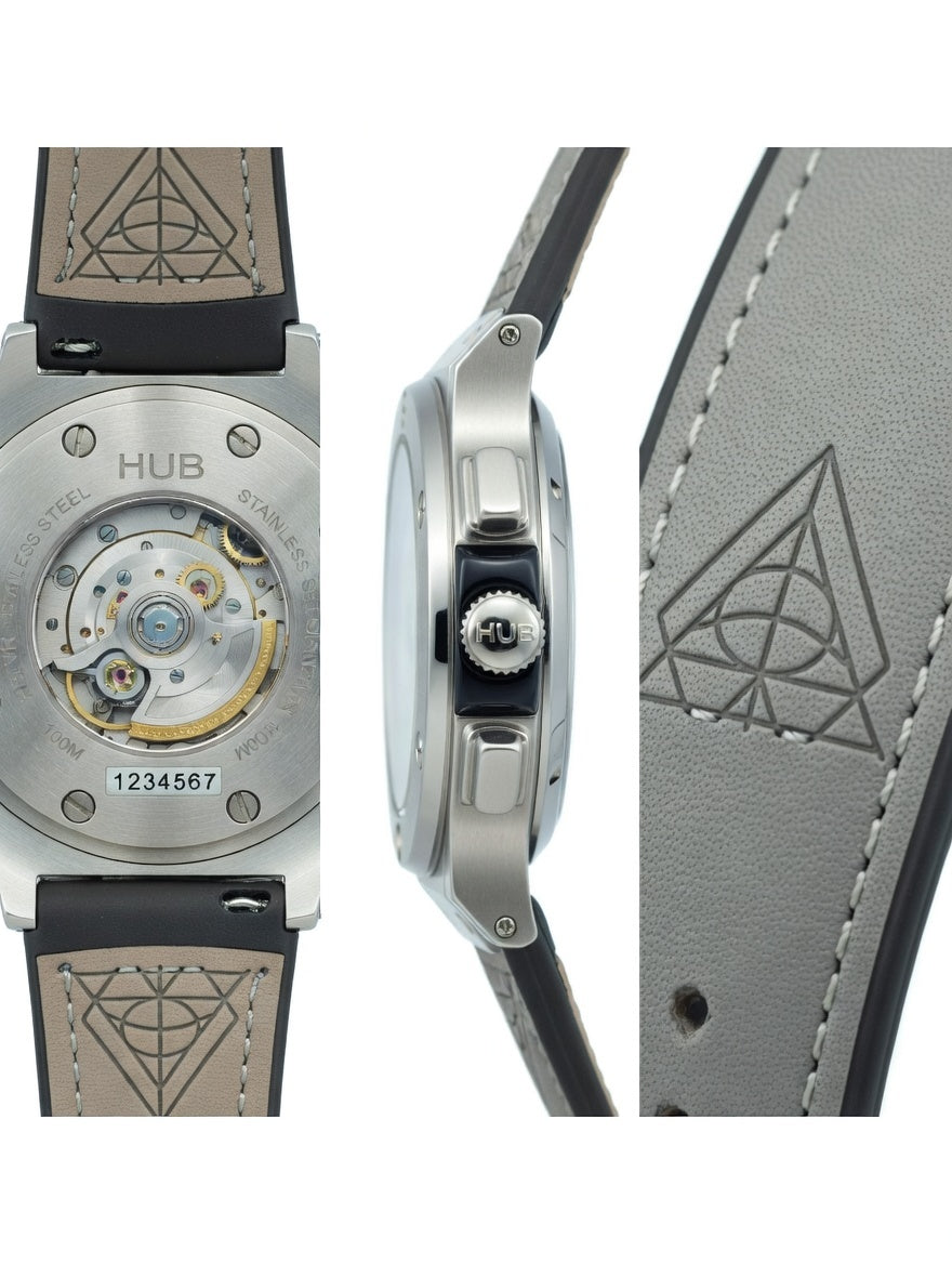 Close-up of a Hublot watch with detailed view of the mechanism and design elements.