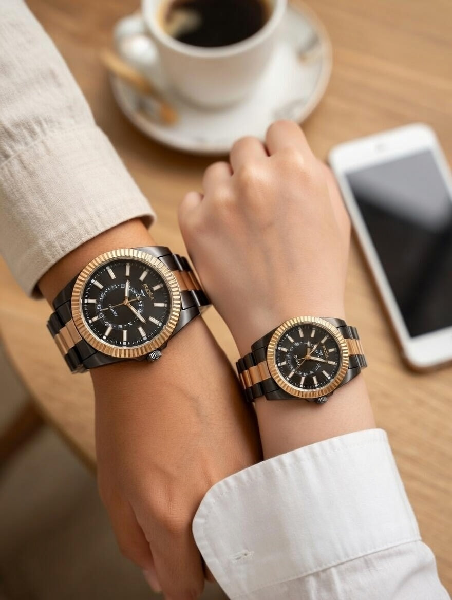 Luxury Couple Watches Set – Black & Rose Gold Stainless Steel | Elegant His & Hers Quartz Watches