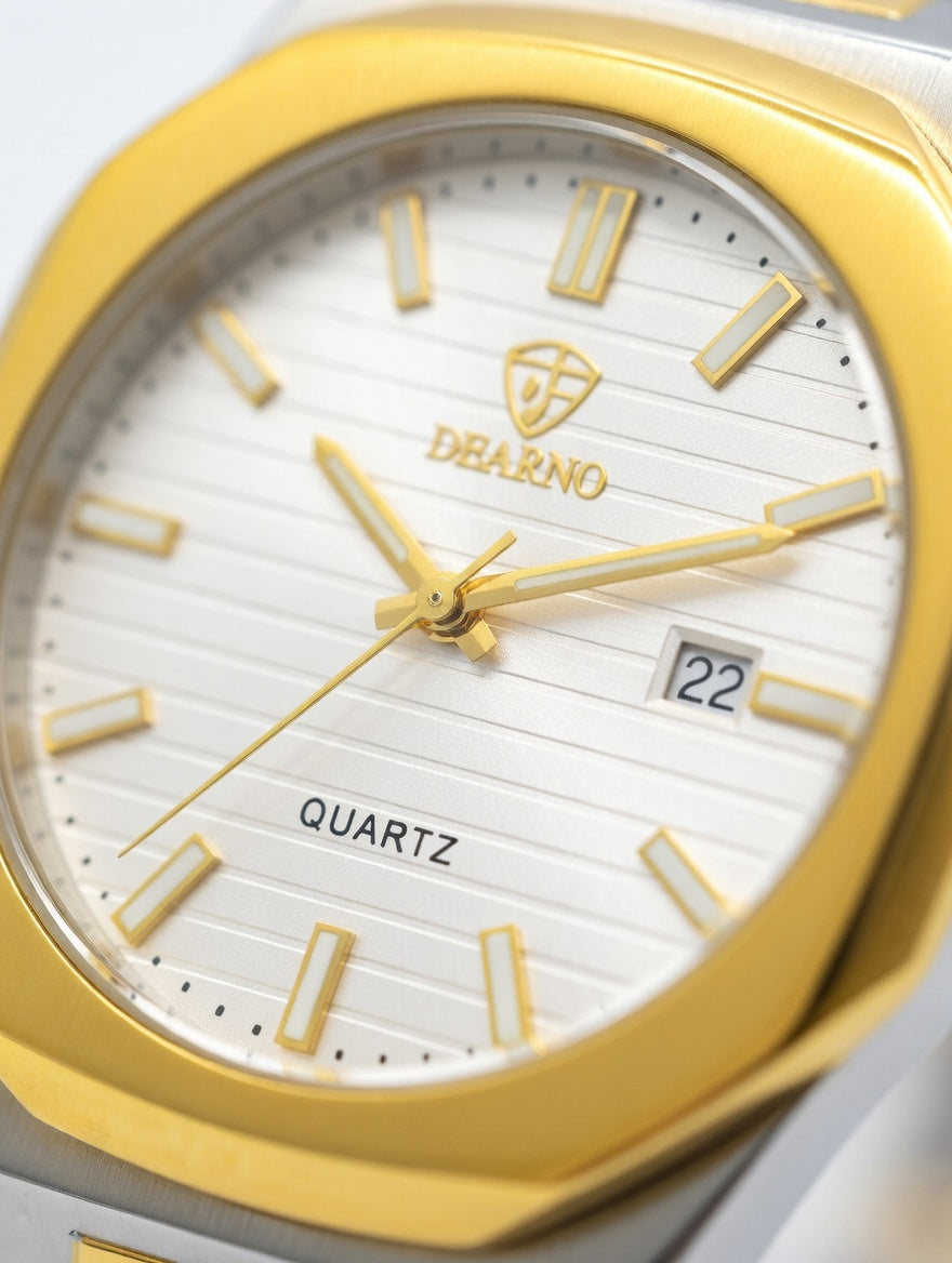 Gold watch with white face and 'Dearno' branding on a light gray background