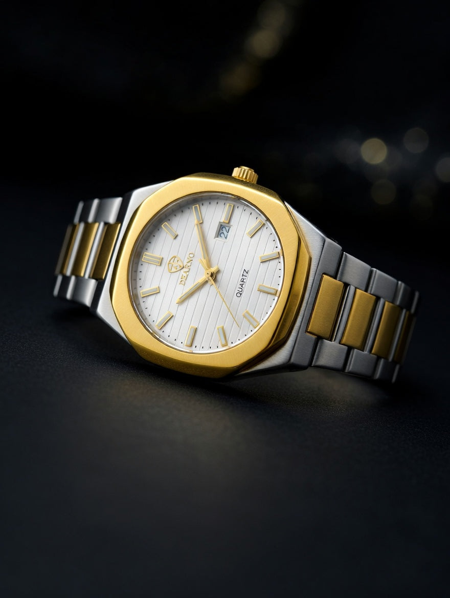 Two-tone gold and silver watch on a dark background