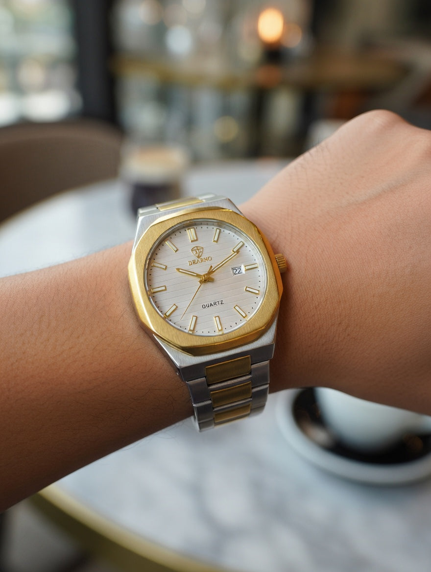 Luxury Dearno Two Tone Men’s Watch – Gold & Silver Stainless Steel, Date Display Quartz Wristwatch
