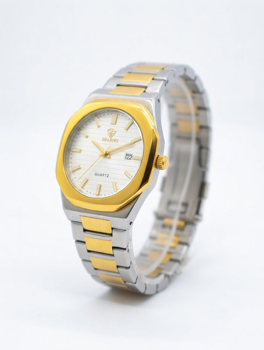 Two-tone silver and gold watch on a white background