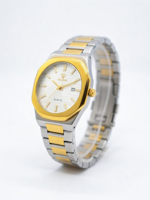 Two-tone silver and gold watch on a white background